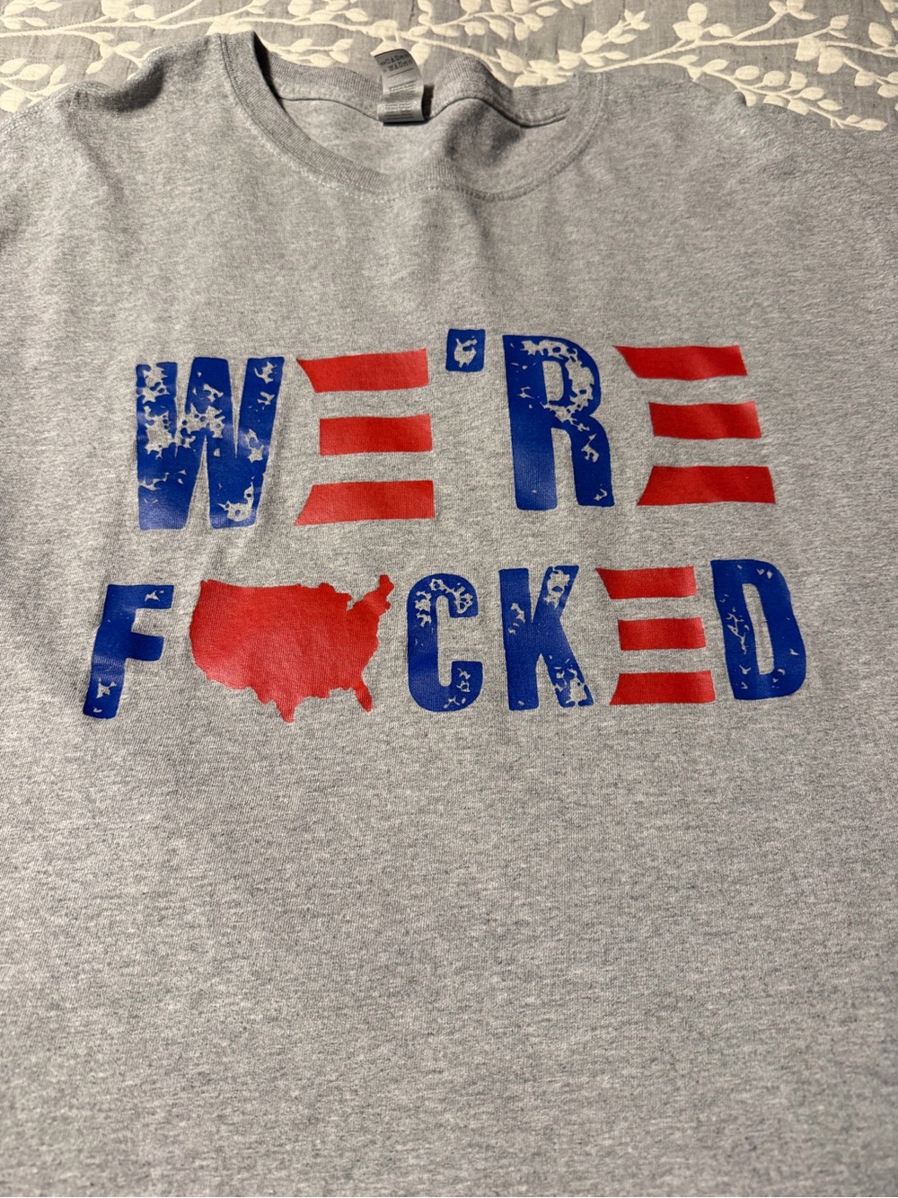 Gildan Grey Short Sleeve Tee with Red & Blue Patriotic Graphic